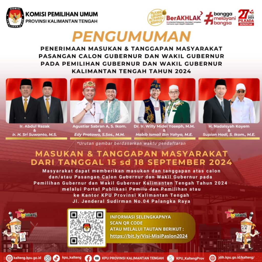 KPU Kalteng Undang Masyarakat Berikan Tanggapan Terhadap Pasangan Calon Gubernur dan Wakil Gubernur di Pilkada