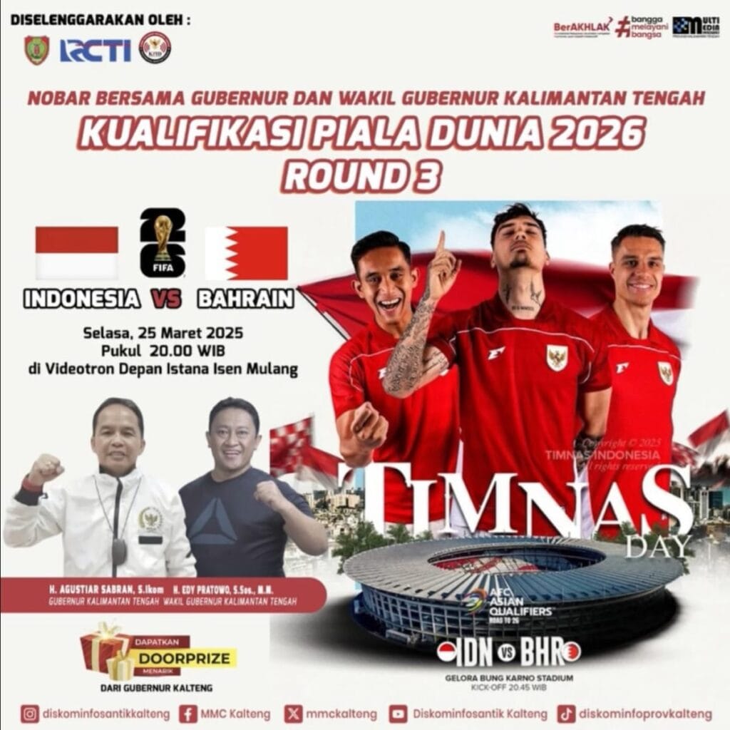 Nobar Timnas Indonesia Vs Bahrain di Bundaran Besar Palangka Raya, Gubernur Kalteng Siapkan Door Prize