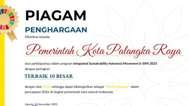 Palangka Raya Raih Penghargaan 10 Besar Kota Berkelanjutan Nasional