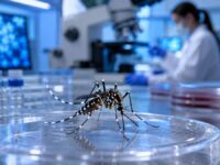 Foto ilustrasi nyamuk Wolbachia sedang diteliti di laboratorium teknologi kesehatan.