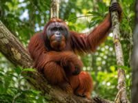 Photo of an orangutan in a tropical forest area of Central Kalimantan.
