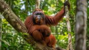 Foto orangutan sedang berada di kawasan hutan tropis Kalimantan Tengah.