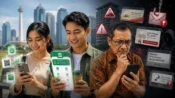 Ilustrasi masyarakat menggunakan layanan keuangan digital di tengah maraknya pinjol ilegal dan scam keuangan.