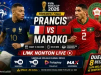Link nonton Prancis vs Maroko live Piala Dunia 2026 melalui kanal resmi TVRI, TVRI Sport, Folaplay, dan MAXStream.