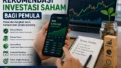 Ilustrasi investasi saham pemula dengan aplikasi saham, grafik IHSG, rencana investasi, dan simbol pertumbuhan aset jangka panjang.