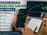 Ilustrasi investasi saham pemula dengan aplikasi saham, grafik IHSG, rencana investasi, dan simbol pertumbuhan aset jangka panjang.