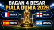 Bagan 4 besar Piala Dunia 2026 lengkap, Prancis menghadapi Spanyol dan Inggris melawan Argentina di semifinal.