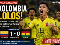 Kolombia mengalahkan Ghana 1-0 pada babak 32 besar Piala Dunia 2026 dan lolos ke babak 16 besar.