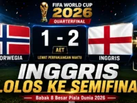 Hasil akhir Norwegia vs Inggris 1-2, Inggris lolos ke semifinal Piala Dunia 2026 setelah menang lewat perpanjangan waktu.
