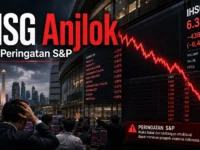 Ilustrasi IHSG anjlok dengan grafik merah menurun dan papan perdagangan saham setelah peringatan S&P Dow Jones Indices.