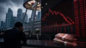 Ilustrasi IHSG melemah dengan grafik merah menurun, investor tampak cemas, dan tumpukan uang keluar dari pasar saham.