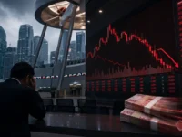 Ilustrasi IHSG melemah dengan grafik merah menurun, investor tampak cemas, dan tumpukan uang keluar dari pasar saham.