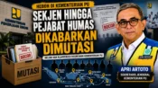 Ilustrasi Sekretaris Jenderal Kementerian PU Apri Artoto dengan latar Gedung Kementerian PU dan isu mutasi pejabat yang ramai diperbincangkan.