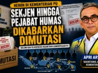 Ilustrasi Sekretaris Jenderal Kementerian PU Apri Artoto dengan latar Gedung Kementerian PU dan isu mutasi pejabat yang ramai diperbincangkan.