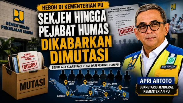 Ilustrasi Sekretaris Jenderal Kementerian PU Apri Artoto dengan latar Gedung Kementerian PU dan isu mutasi pejabat yang ramai diperbincangkan.