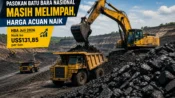 Ilustrasi aktivitas tambang batu bara Indonesia dengan alat berat dan tumpukan batu bara.