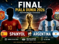 Ilustrasi final Piala Dunia 2026 antara Argentina dan Spanyol dengan trofi juara dunia dan latar stadion.