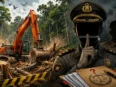 Ilustrasi karikatur alat berat membuka lahan hutan di kawasan HPK Sukamara dengan simbol aparat bungkam, dokumen hukum, dan pita polisi.