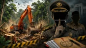 Ilustrasi karikatur alat berat membuka lahan hutan di kawasan HPK Sukamara dengan simbol aparat bungkam, dokumen hukum, dan pita polisi.