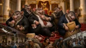 Ilustrasi karikatur tikus berdasi menguasai anggaran di istana, sementara rakyat menderita akibat buruknya pelayanan publik.