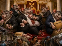 Ilustrasi karikatur tikus berdasi menguasai anggaran di istana, sementara rakyat menderita akibat buruknya pelayanan publik.