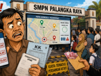 Ilustrasi karikatur wali murid memegang berkas SPMB dan KK di depan SMPN Palangka Raya, dengan layar penolakan sistem, peta domisili, antrean pendaftaran, dan simbol dugaan jalur berbayar.
