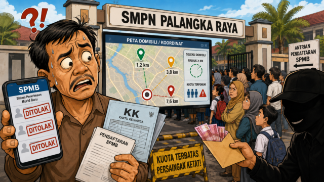 Ilustrasi karikatur wali murid memegang berkas SPMB dan KK di depan SMPN Palangka Raya, dengan layar penolakan sistem, peta domisili, antrean pendaftaran, dan simbol dugaan jalur berbayar.