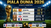 Ilustrasi klasemen terbaru Piala Dunia 2026 menampilkan Spanyol dan Argentina lolos ke final serta Inggris dan Prancis tampil pada perebutan tempat ketiga.