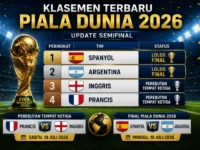 Ilustrasi klasemen terbaru Piala Dunia 2026 menampilkan Spanyol dan Argentina lolos ke final serta Inggris dan Prancis tampil pada perebutan tempat ketiga.