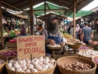 Ilustrasi kondisi lapak pedagang pasar tradisional saat harga eceran bawang putih menembus angka seratus ribu rupiah per kilogram.
