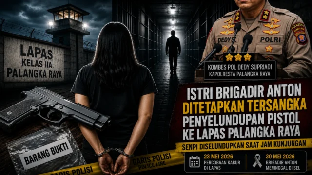 Ilustrasi kriminal penetapan istri Brigadir Anton sebagai tersangka penyelundupan pistol ke Lapas Kelas IIA Palangka Raya, menampilkan ilustrasi lapas, barang bukti senjata api, garis polisi, dan konferensi pers Kapolresta Palangka Raya.