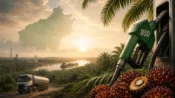 Ilustrasi nozzle BBM B50, tandan buah sawit, truk tangki, dan hamparan perkebunan sawit di Kalimantan Tengah saat matahari terbit.