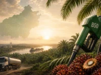 Ilustrasi nozzle BBM B50, tandan buah sawit, truk tangki, dan hamparan perkebunan sawit di Kalimantan Tengah saat matahari terbit.