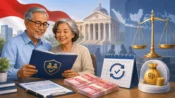 Ilustrasi pasangan pensiunan, dokumen dana pensiun, uang rupiah, timbangan hukum, dan simbol kepastian pembayaran manfaat pensiun oleh OJK.