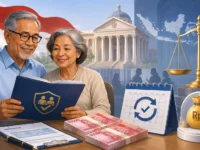 Ilustrasi pasangan pensiunan, dokumen dana pensiun, uang rupiah, timbangan hukum, dan simbol kepastian pembayaran manfaat pensiun oleh OJK.