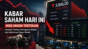 Ilustrasi pasar saham Indonesia dengan grafik IHSG melemah, papan perdagangan merah, dan investor memantau kabar saham hari ini.