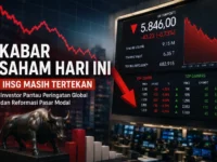 Ilustrasi pasar saham Indonesia dengan grafik IHSG melemah, papan perdagangan merah, dan investor memantau kabar saham hari ini.