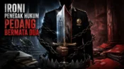 Ilustrasi penegak hukum memegang pedang bermata dua dan terbelenggu rantai dalam pusaran kasus korupsi.