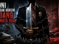 Ilustrasi penegak hukum memegang pedang bermata dua dan terbelenggu rantai dalam pusaran kasus korupsi.