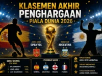 Ilustrasi penghargaan Piala Dunia 2026 dengan trofi juara dunia dan daftar peraih penghargaan individu.