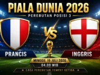 Ilustrasi prediksi pertandingan Prancis vs Inggris pada perebutan posisi ketiga Piala Dunia 2026