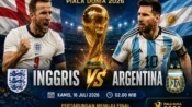 Ilustrasi pertandingan semifinal Piala Dunia 2026 antara Inggris vs Argentina menjelang perebutan tiket final melawan Spanyol.