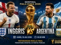 Ilustrasi pertandingan semifinal Piala Dunia 2026 antara Inggris vs Argentina menjelang perebutan tiket final melawan Spanyol.