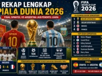 Ilustrasi rekap Piala Dunia 2026 dengan trofi juara, stadion, dan siluet finalis Spanyol vs Argentina.