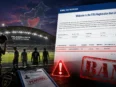 Ilustrasi sanksi FIFA Registration Ban terhadap Adhyaksa Farmel FC dengan latar stadion Palangka Raya dan dokumen registrasi pemain tertahan.