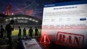 Ilustrasi sanksi FIFA Registration Ban terhadap Adhyaksa Farmel FC dengan latar stadion Palangka Raya dan dokumen registrasi pemain tertahan.