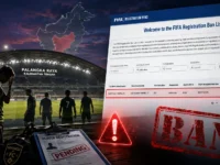Ilustrasi sanksi FIFA Registration Ban terhadap Adhyaksa Farmel FC dengan latar stadion Palangka Raya dan dokumen registrasi pemain tertahan.