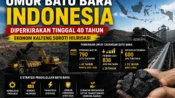 Ilustrasi tambang batu bara Indonesia dengan alat berat dan tumpukan batu bara.