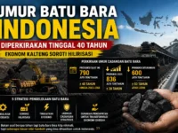 Ilustrasi tambang batu bara Indonesia dengan alat berat dan tumpukan batu bara.