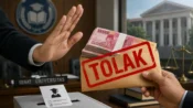 Ilustrasi tangan menolak amplop berisi uang dengan cap merah “TOLAK” sebagai simbol penolakan politik uang dalam Pilrek UPR 2026–2030.